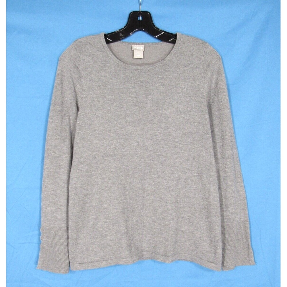 CHICO'S Gray LIGHTWEIGHT KNIT Long Sleeve BUTTON-CUFF Pullover SWEATER Sz 0 S